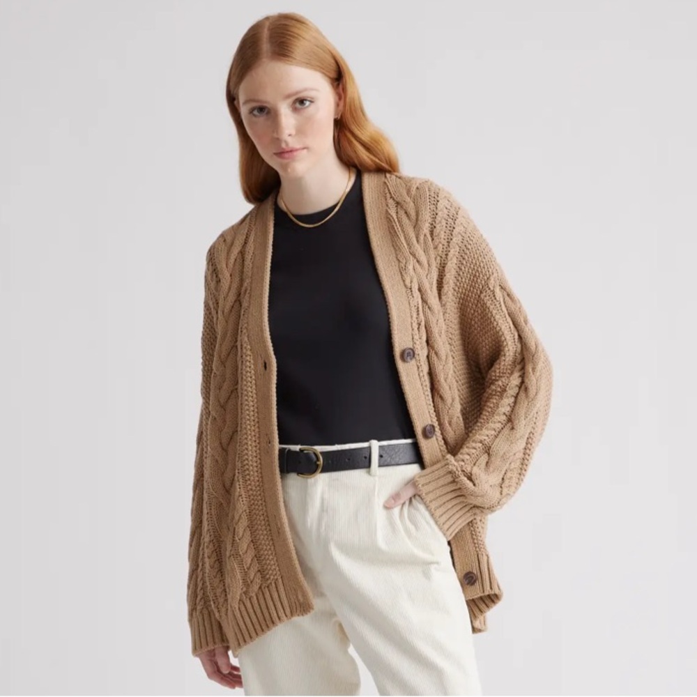 Quince 100% Organic Cotton Oversized Cable Cardigan, Camel